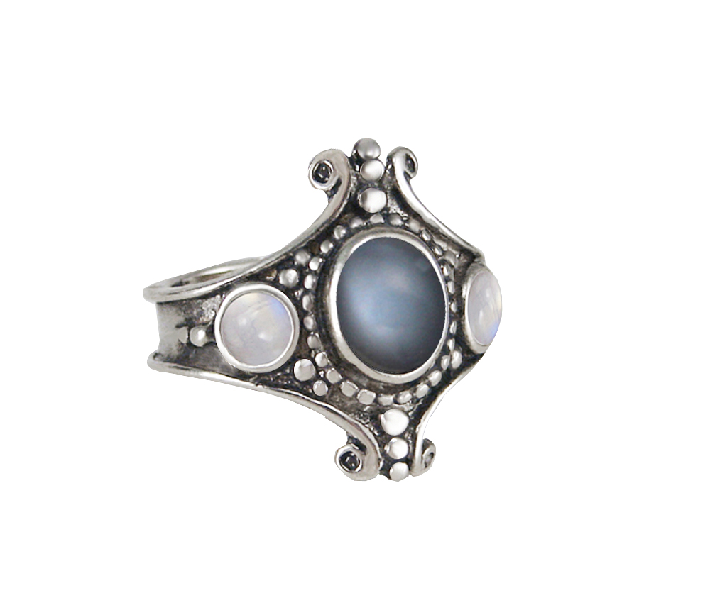 Sterling Silver Imperial Ring With Grey Moonstone And Rainbow Moonstone Size 7